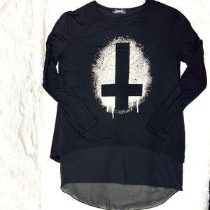 Women's Black Long Sleeve Long T with Chiffon Inner Layer